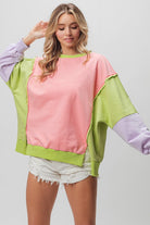 BiBi Washed Color Block Sweatshirt Pink Lime Lavender Trendsi