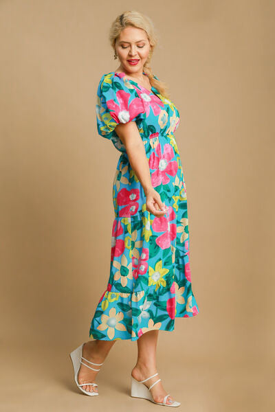 Umgee Azure Tiered Floral Print Notched Puff Sleeve Midi Dress