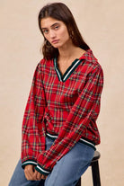 BiBi Christmas Red Plaid Collared Top with Ruffled Detail