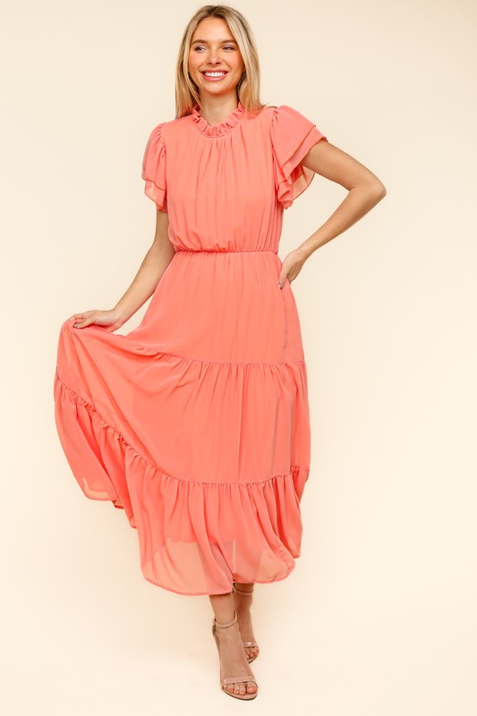 Haptics Peach Tiered Frill Mock Neck Short Sleeve Dress Dresses