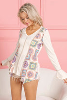 BiBi Cream Granny Square Print Contrast Annie Rib V Neck Top