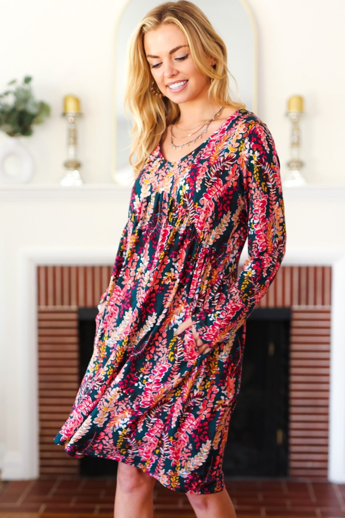 Haptics Eyes On You Hunter Green Floral Long Sleeve Babydoll V Neck Dress Ave Shops