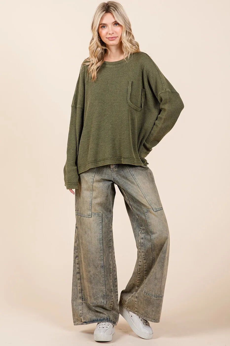 Mittoshop Olive Mineral Wash Cutout Pocket Long Sleeve Waffle Knit Top