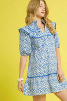 Umgee Abstract Printed Ruffled Trim Puff Sleeve Mini Dress
