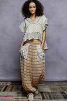 POL Floral V-Neck Short Sleeve Ruffled Double Gauze Blouse with Embroidery Detail