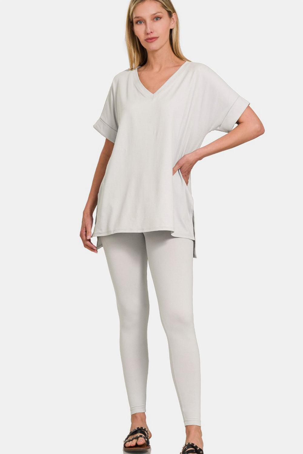 Zenana Light Cement V-Neck Rolled Short Sleeve T-Shirt and Leggings Lounge Set Lt Cement Trendsi