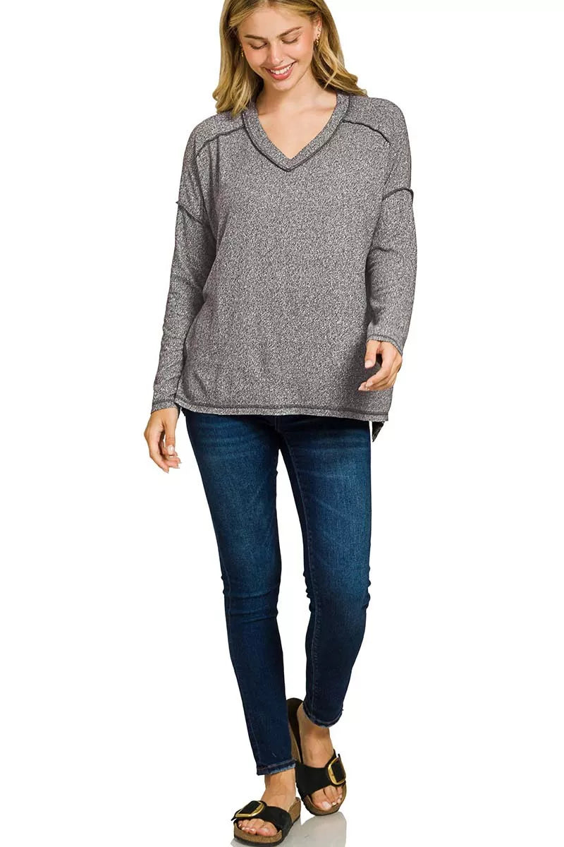 Zenana Black Soft Melange Hacci Exposed Seam Hi-low Tee