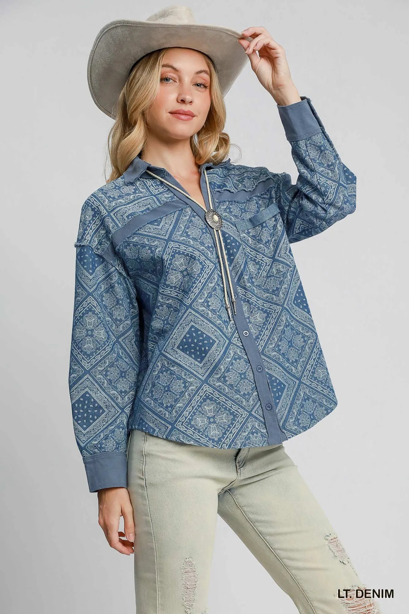 Umgee Light Denim Paisley Print Denim Shirt Jacket