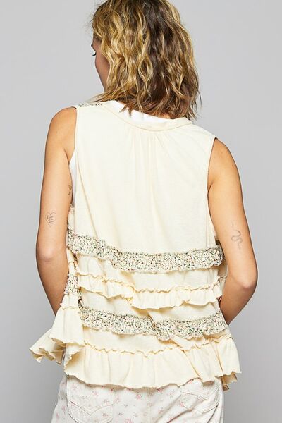 POL Cream Ruffled Open Front Sleeveless Cardigan