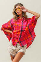 BiBi Fuchsia Button Up Dolman Sleeve Plaid Shirt Trendsi