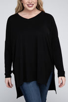 Zenana Plus Size Dolman Sleeve V-Neck Side Slit Hi-Low Hem Top BLACK ZENANA