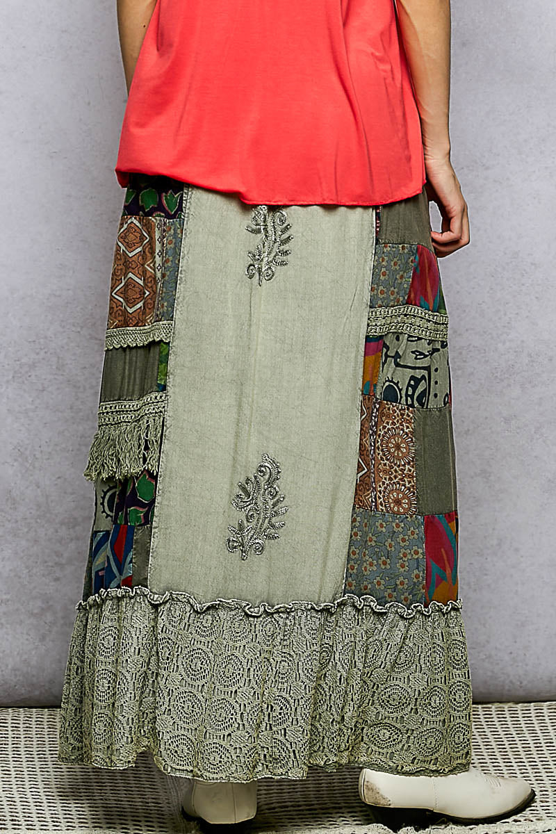 POL Sage Printed Patchwork Embroidered Ruffled Skirt
