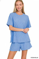 Zenana Ocean Blue Soft Melange Short Sleeve Tee and Shorts Set