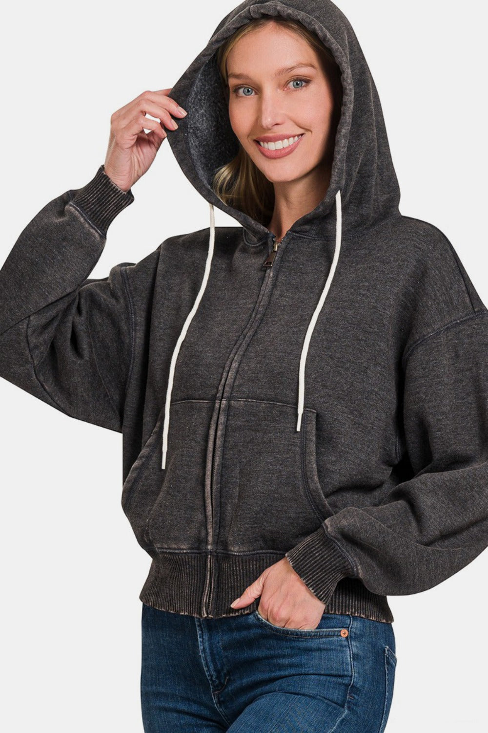 Zenana Ash Black Acid Wash Fleece Zip-Up Cropped Hoodie