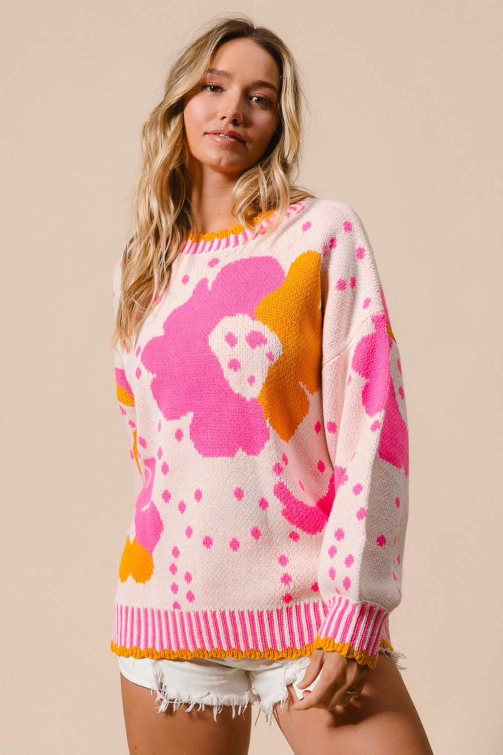 BiBi Pink Flower Pattern Contrast Sweater Trendsi