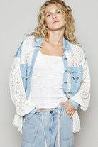 POL High-Low Denim Patchwork Lace Shirt Pastel Blue