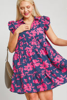 Umgee Navy & Pink Floral Print Ruffle Cap Sleeve Tiered Dress