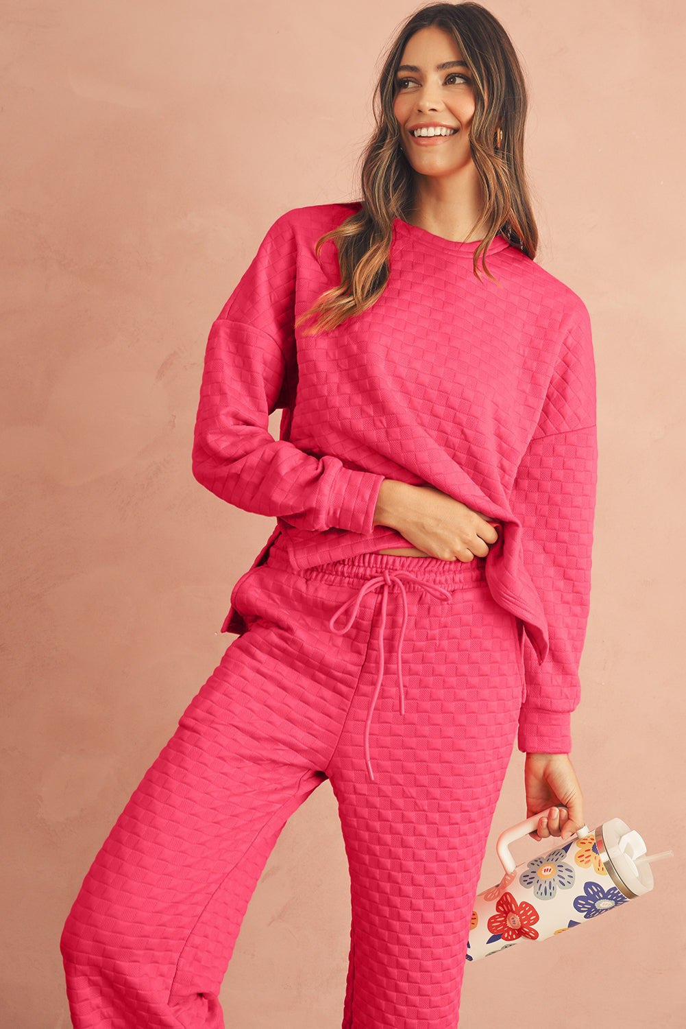 Strawberry Pink Checkered Textured Split Pullover Top and Pants Set Shewin