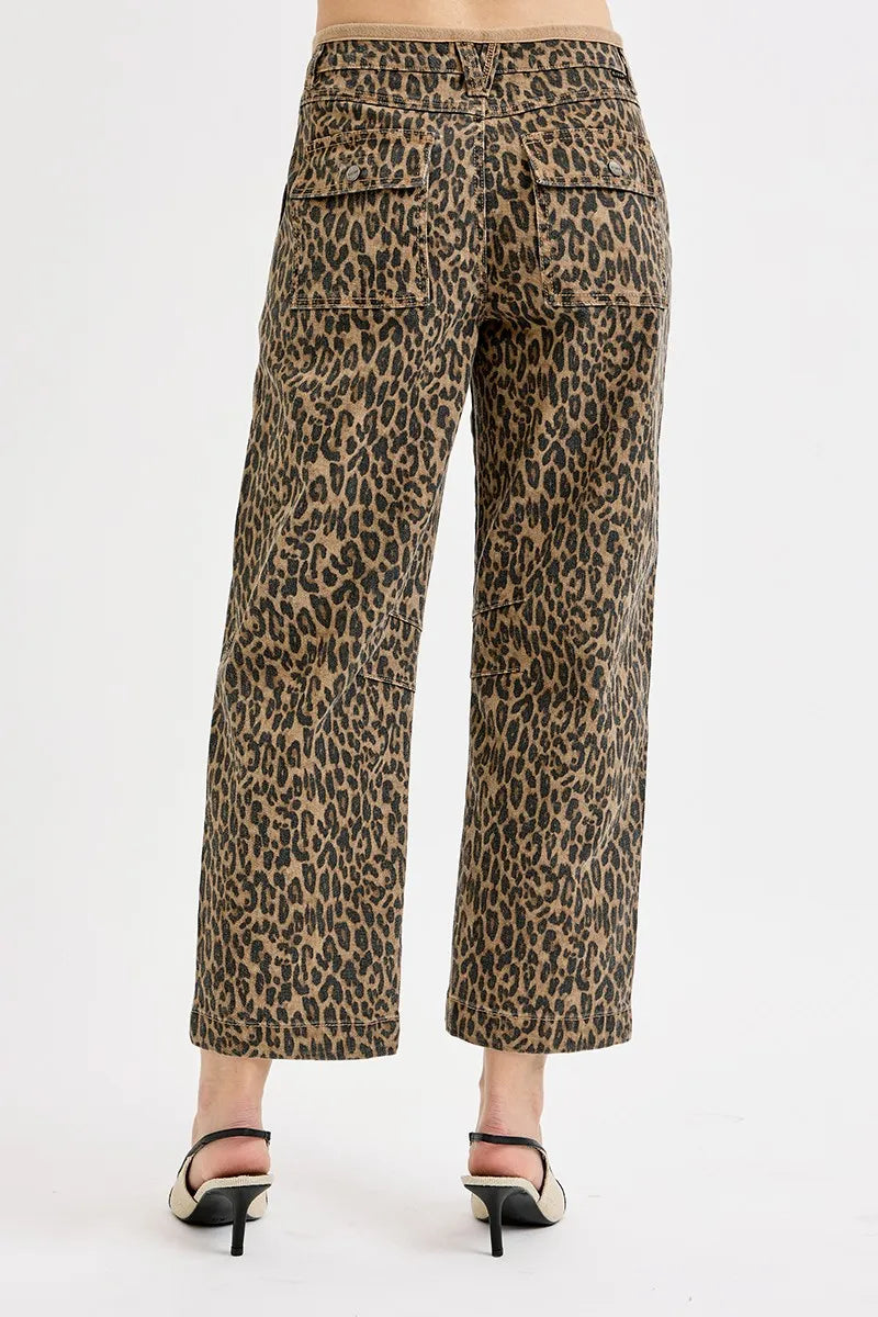RISEN Leopard Mid Rise Crop Relaxed Jeans
