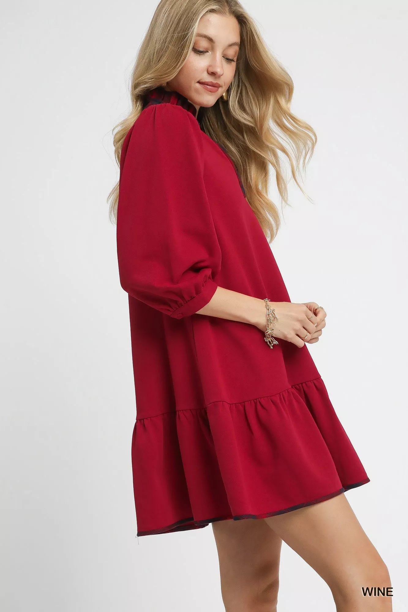 Umgee Wine French Terry Ruffle Hem Dress with Plaid Trim