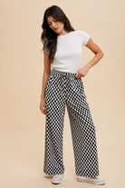 Annie Wear Drawstring Black Checkered Wide Leg Pants