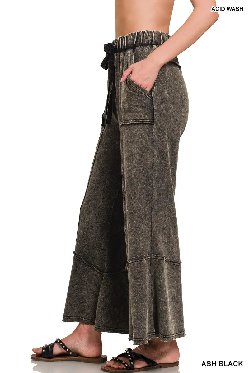 Zenana Ash Black Exposed-seam Flare Hem Pants With Pockets