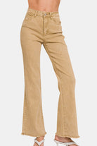 Zenana Acid Washed Frayed Hem Bootcut Jeans in Light Camel Pants