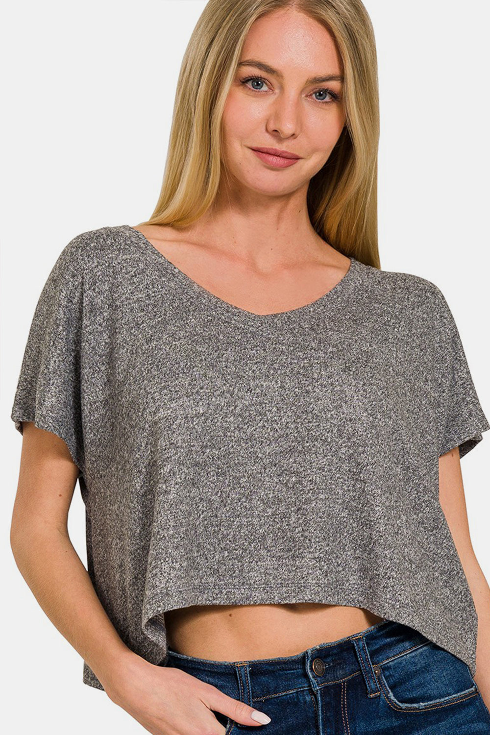 Zenana Soft V-Neck Short Sleeve Cropped T-Shirt in Black Trendsi