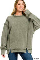 Zenana Dark Green Acid Washed Double Ribbed Exposed-Seam Sweatshirt DK OLIVE