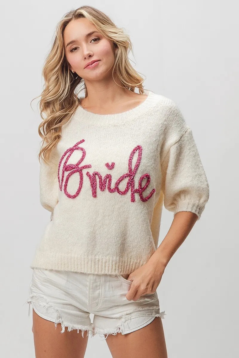 BiBi Ivory Bride Metallic Letter Short Puff Sleeve Hairy Sweater