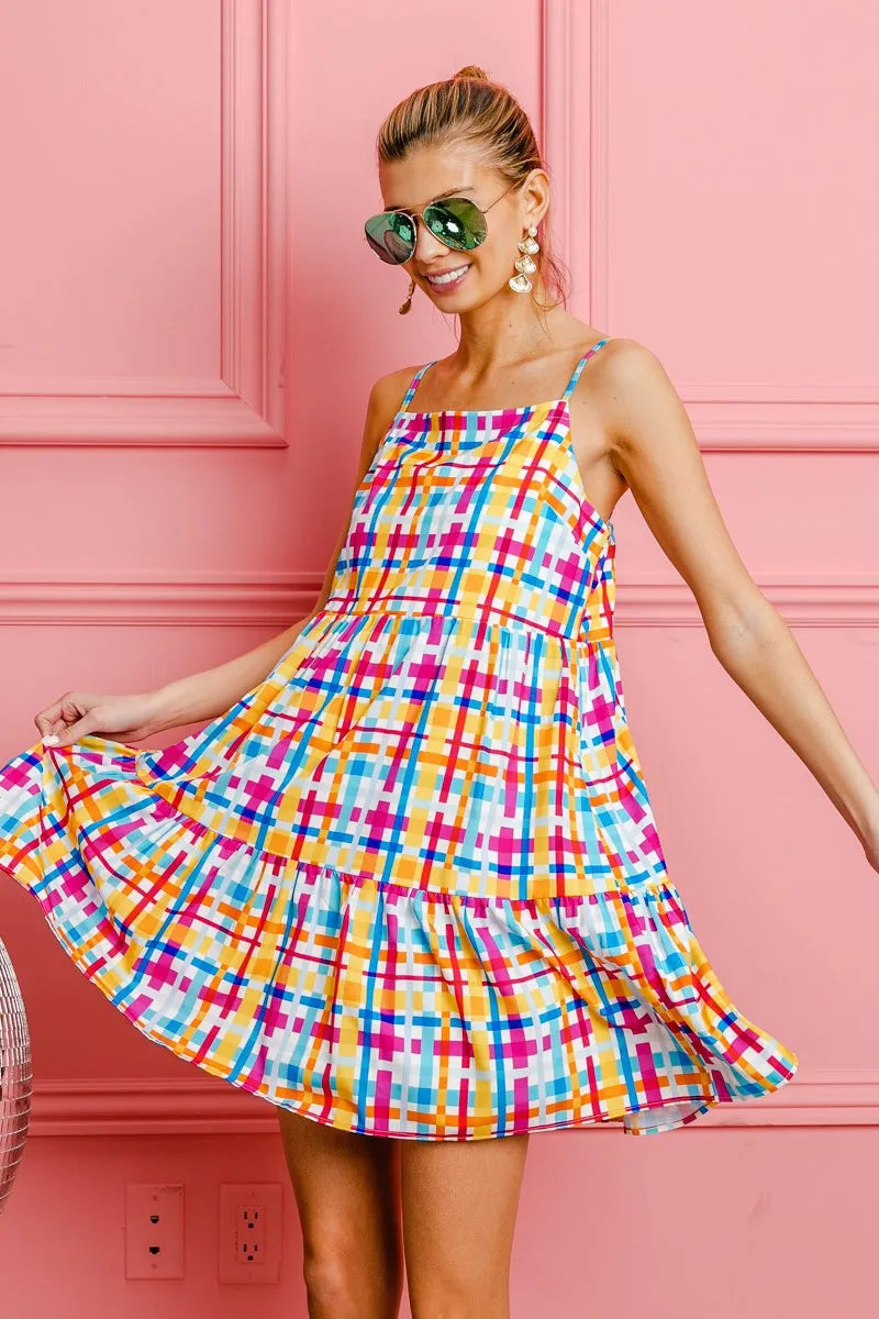 BiBi Multi Colors Plaid Sleeveless Sun Dress