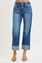 RISEN High Rise Straight Jeans with Distressed Hem