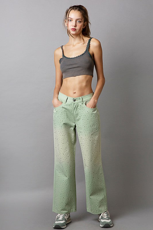 POL Light Green Front Embellishments Gradient Wide Leg Twill Pants Jeans