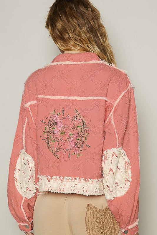 POL Pink Multi Crochet Patch Embroidered Button Up Jacket Pink Multicolor Coats & Jackets