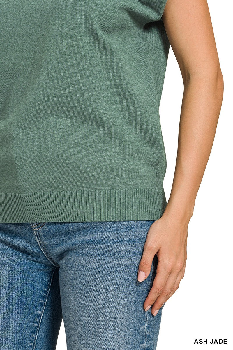 Zenana Viscose Ash Jade Round-neck Short Sleeve Sweater