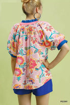 Umgee Peony Floral Print Ruffled Short Sleeve Blouse
