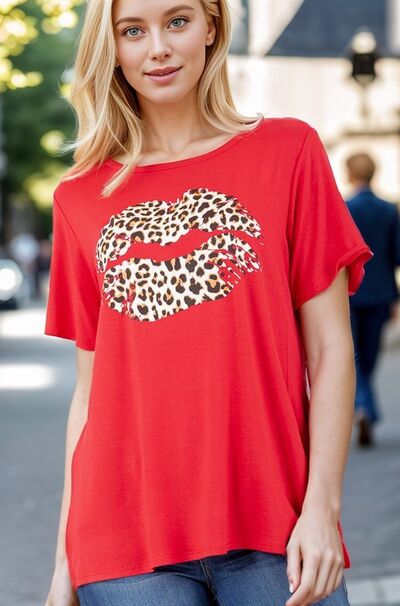 Heimish Red Leopard Lip Round Neck Short Sleeve T-Shirt