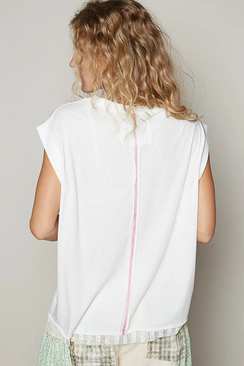 POL Off White Star Patch Studded Sleeveless Knit Top with Lace Hem