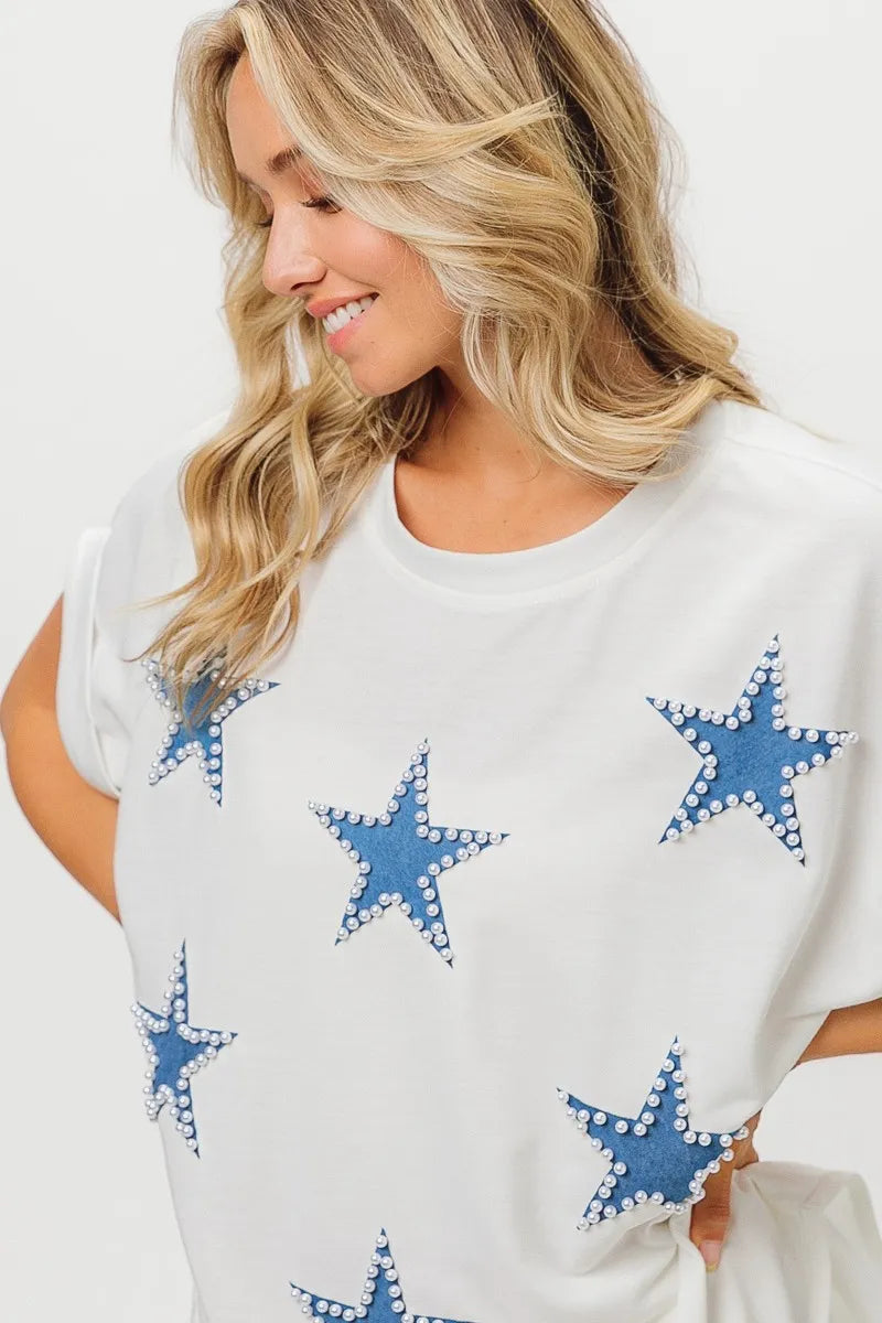 BiBi Off White Beaded Blue Stars Applique Fourth of July Terry T-Shirt