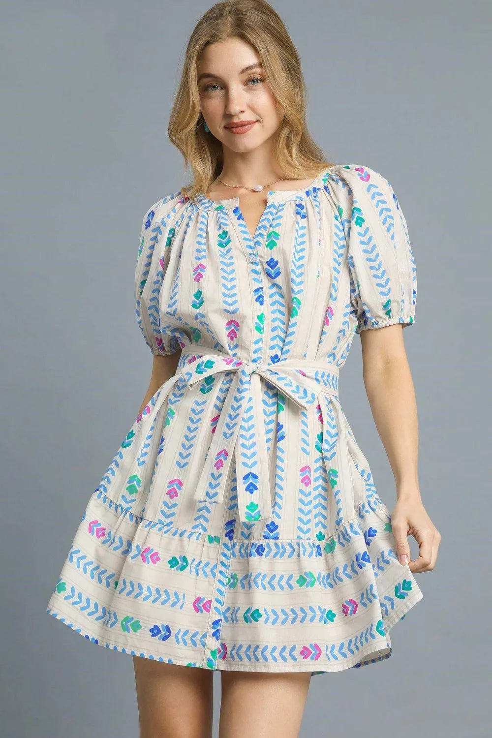 Umgee Boho Arrow Printed Tie Waist Puff Short Sleeve Mini Dress Ivory