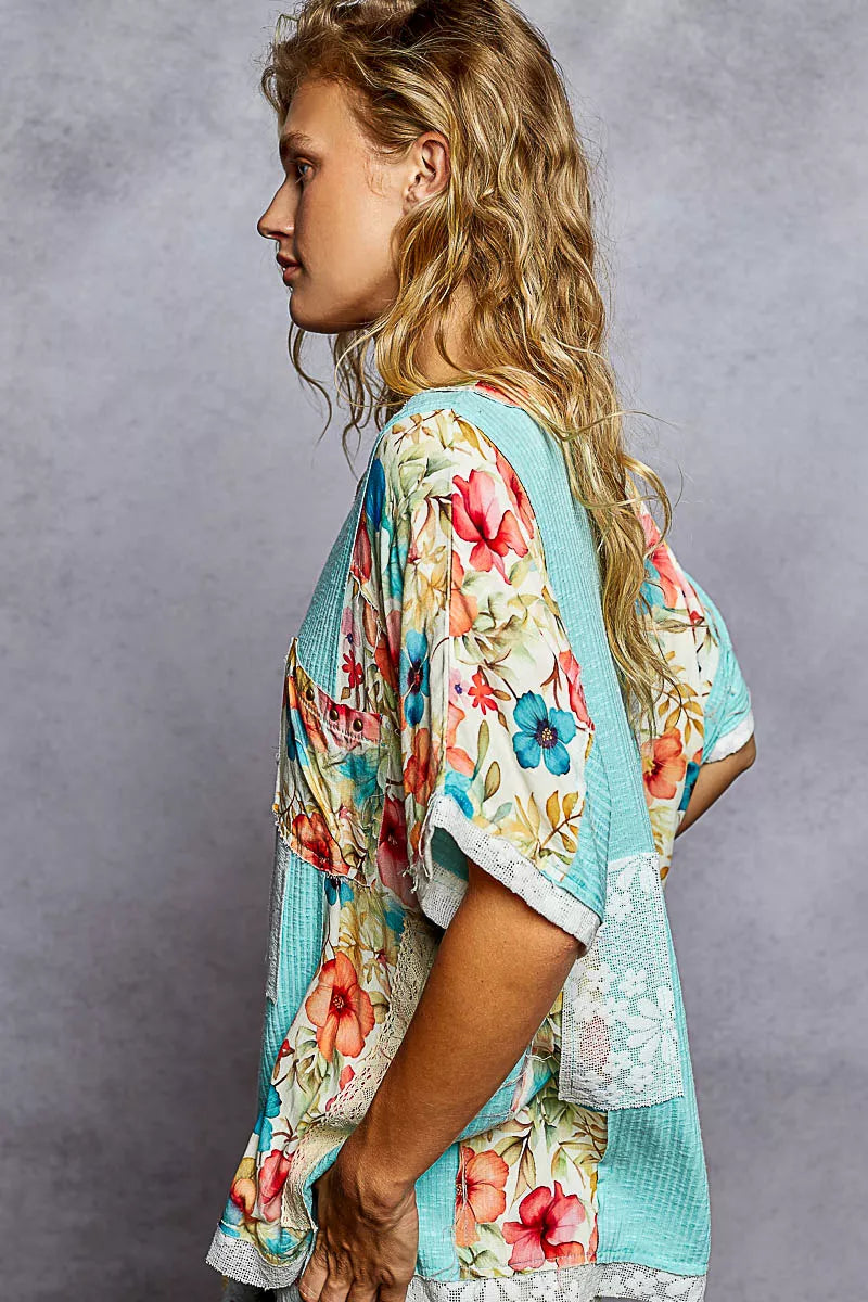 POL Aqua Lace Round Neck Short Sleeve Floral Pattern Top with Patch Detail