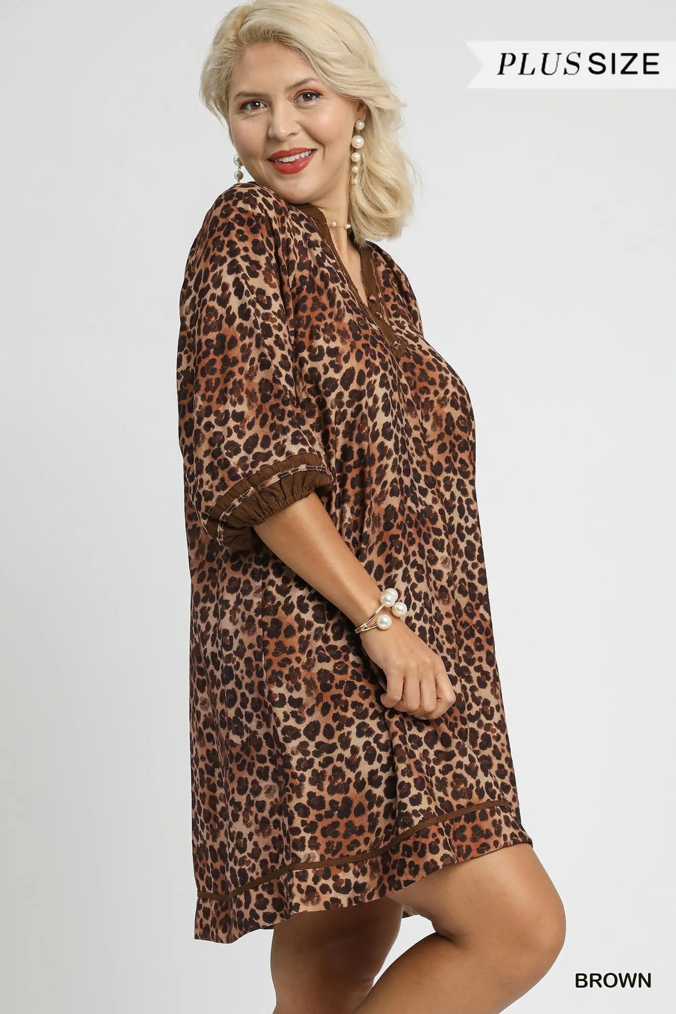 Umgee Brown Leopard Print Mini Dress with Contrast Trim