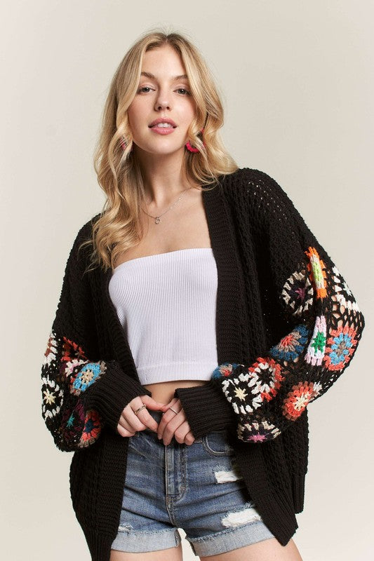 ADORA Black Contrast Crochet Open Front Long Sleeve Cardigan