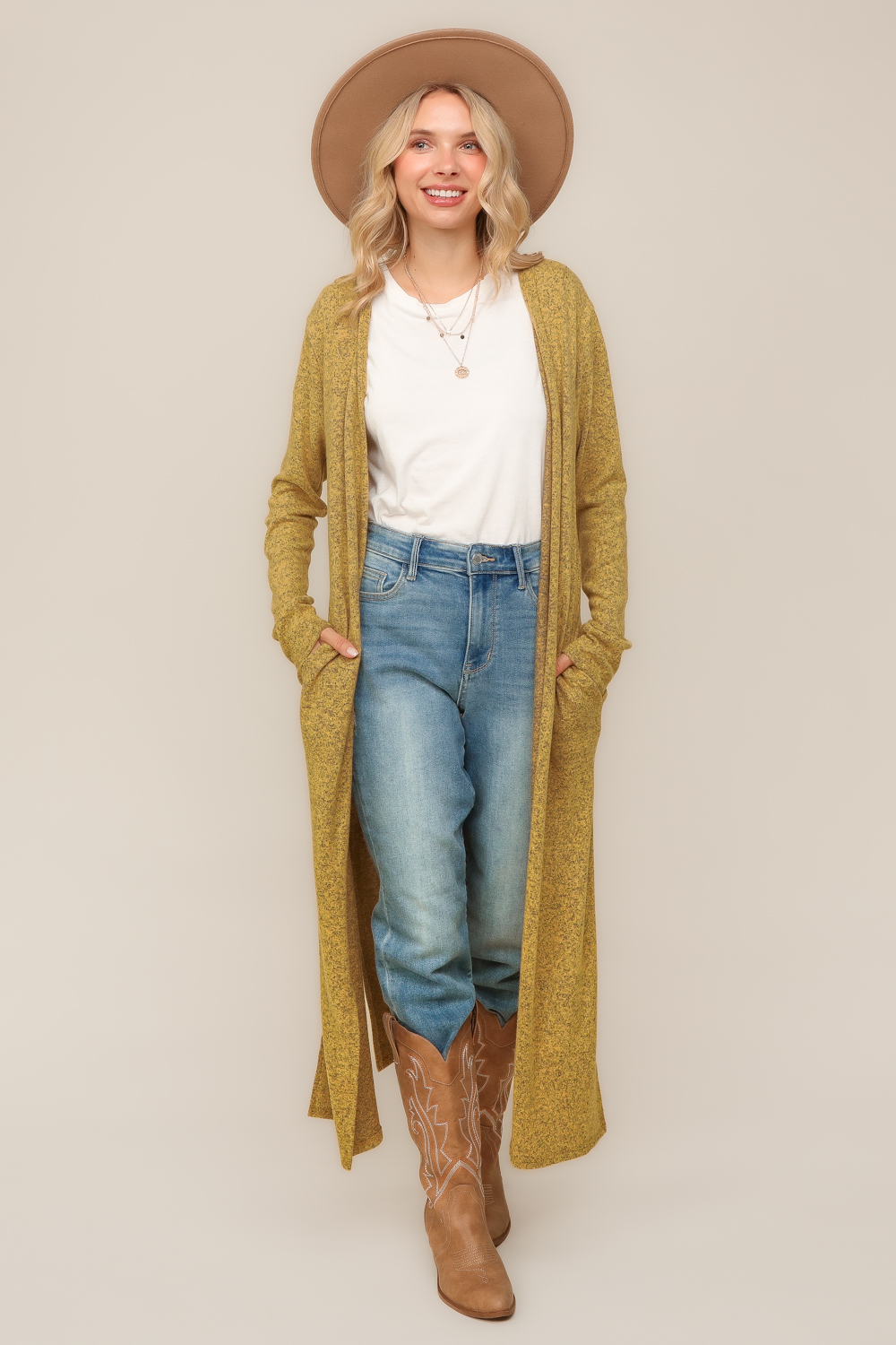 Haptics Butterscotch Two-Tone Hacci Open Duster Cardigan Medium