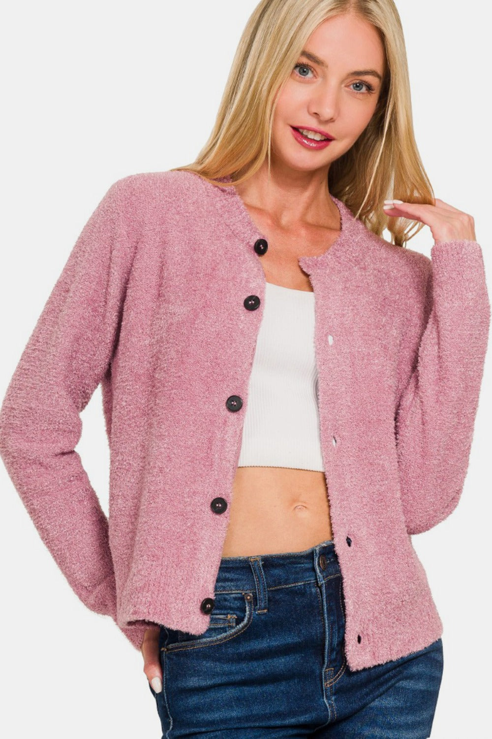 Zenana Light Rose Button Down Long Sleeve Sweater Cardigan Lt Rose Trendsi