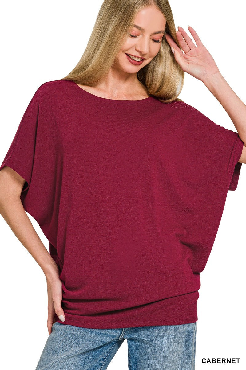 Zenana Cabernet Hacci Dolman Sleeve Boat Neck Top