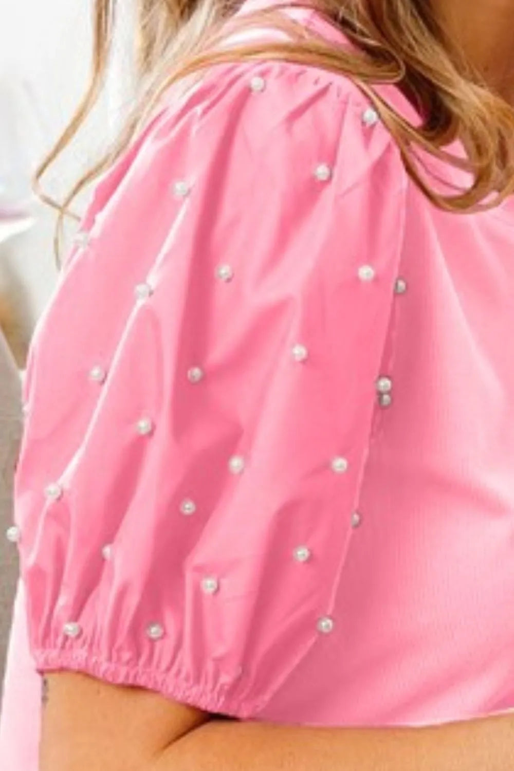BiBi Pink Pearl Beaded Short Puff Sleeve Top