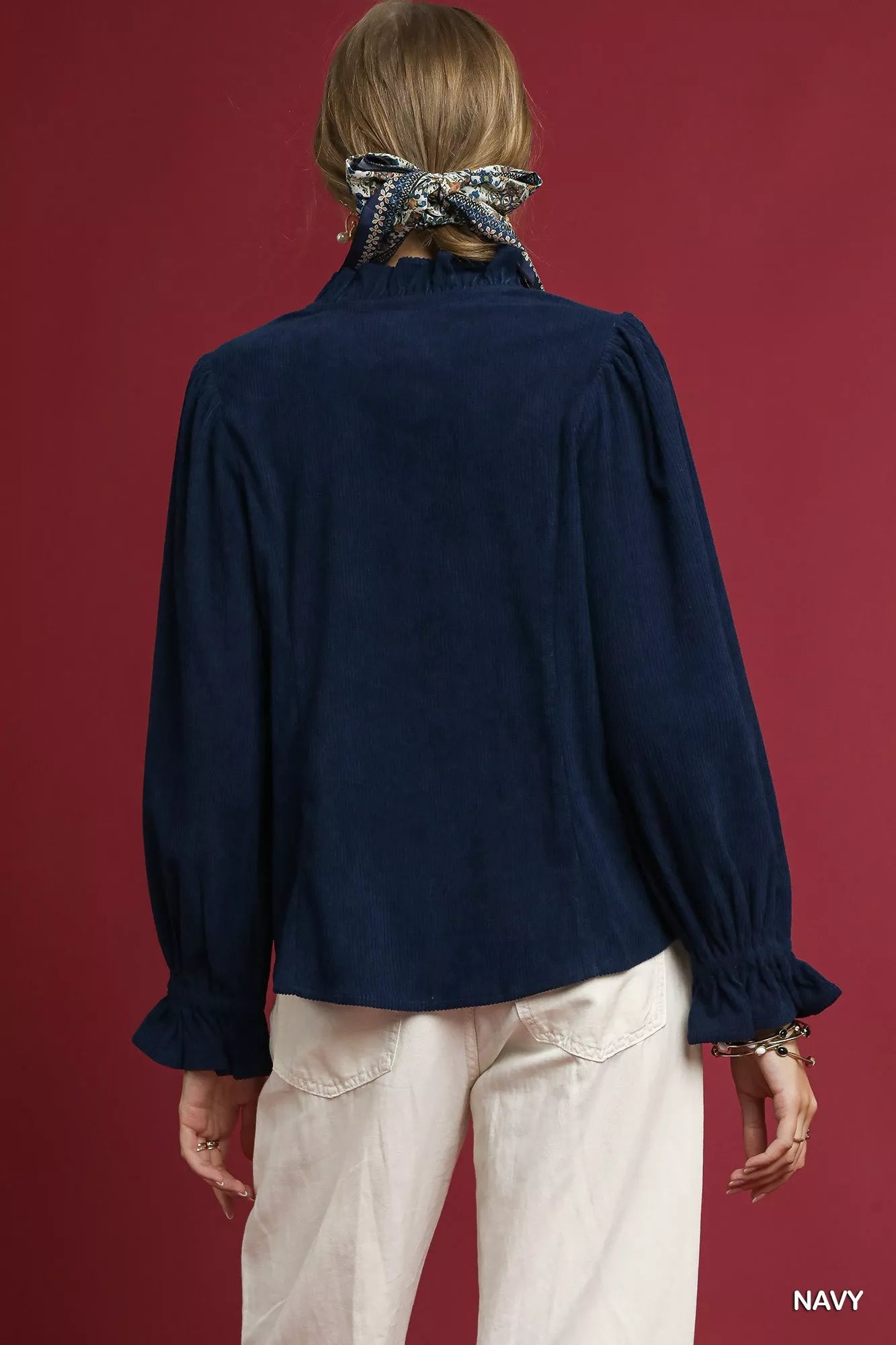 Umgee Navy Corduroy Ruffle Shirt with Long Puff Sleeves