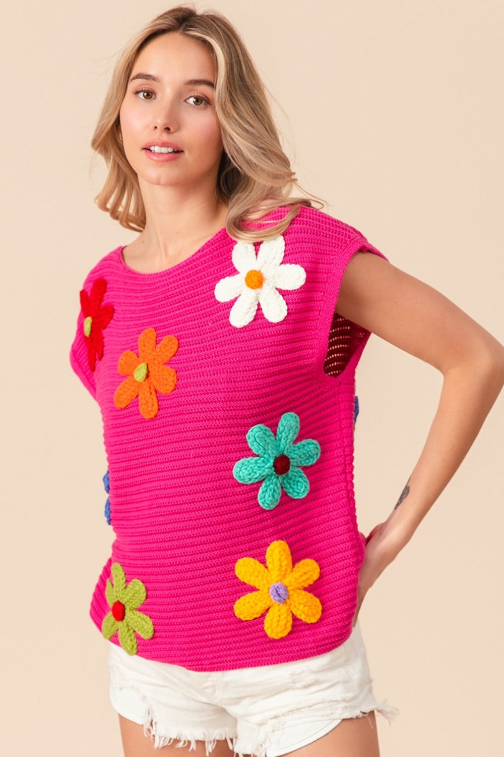 BiBi Fuchsia Flower Round Neck Cap Sleeve Knit Top Trendsi