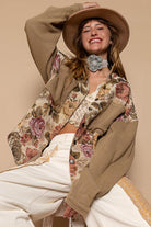 POL Contrast Sleeves Button Down Floral Jacquard Shirt Latte Mocha Trendsi